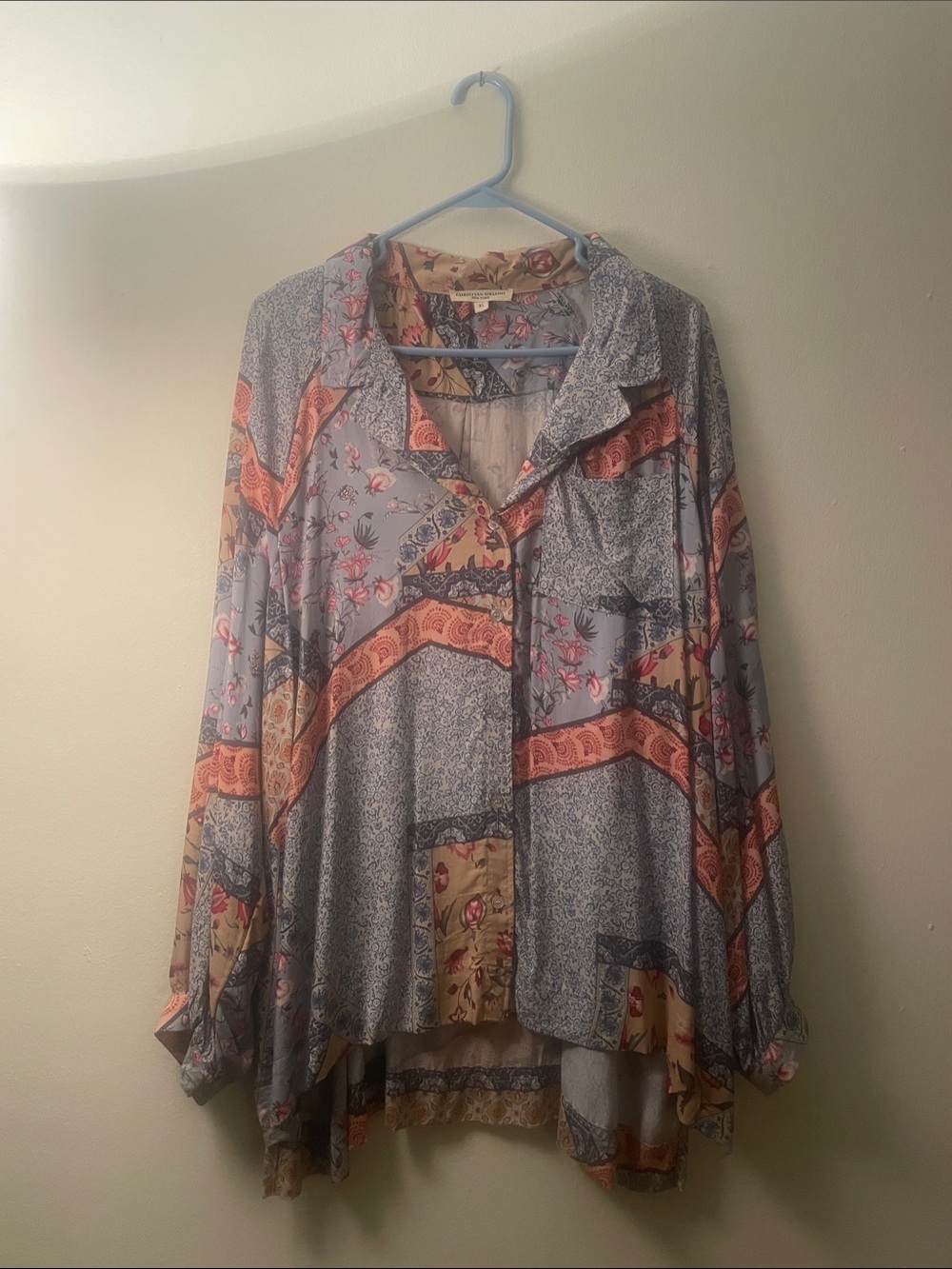 Christian Siriano Light Blue Floral Patchwork Tunic with Cream and Rust Accents